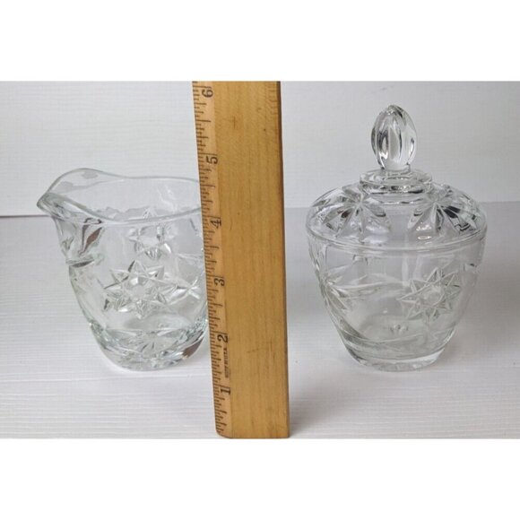 Vintage Pressed Glass Lidded Sugar and Creamer Set Star Pattern 3-1/2" - Picture 4 of 13